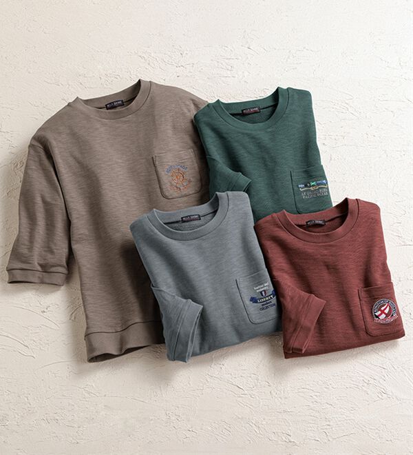 「ロゴ刺しゅう７分袖スウェットＴシャツ（メンズトレーナー）」｜詳細画像