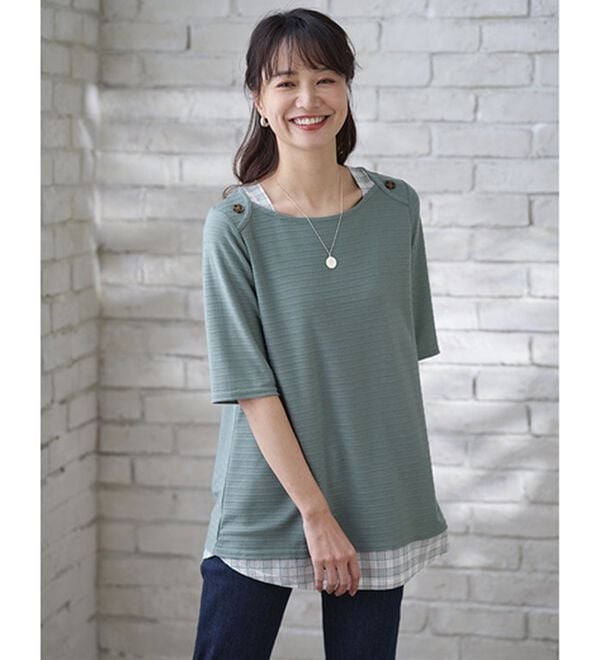 BELLUNA（ベルーナ）の「ひんやり冷感！タックジャカード素材重ね着風プルオーバー（カットソー）」｜詳細画像