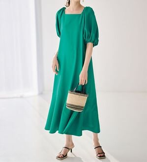 RANAN（ラナン）の「ひんやり！スクエアネックボリューム袖ワンピース（その他ワンピース）」｜グリーン