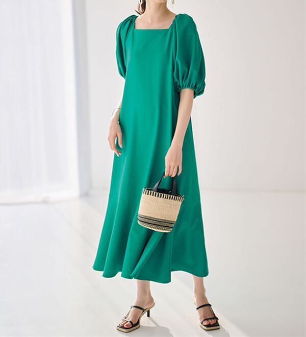 RANAN（ラナン）の「ひんやり！スクエアネックボリューム袖ワンピース（その他ワンピース）」｜グリーン