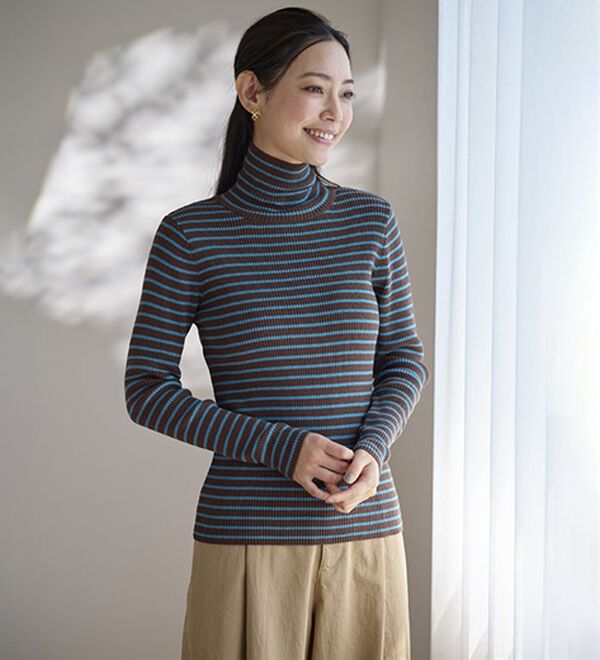 BELLUNA（ベルーナ）の「＜＆ｃｏｃｏｃｈｉ＞ハピネスコットン１００％×吸湿発熱リブタートルニット（ニット・セーター）」｜詳細画像