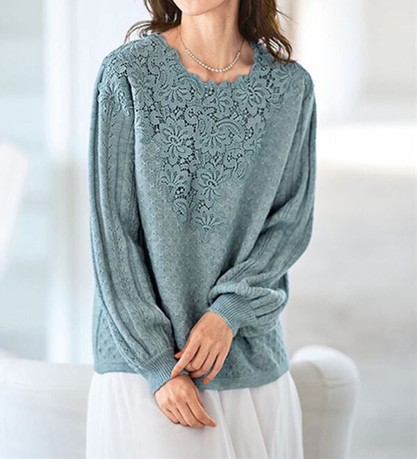 BELLUNA（ベルーナ）の「ケミカルレース使い編地変化デザインセーター（ニット・セーター）」｜杢ブルー