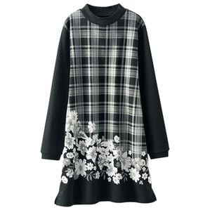 BELLUNA（ベルーナ）の「軽くてあったか裏起毛プリントチュニック（チュニック）」｜黒(チェック花柄)