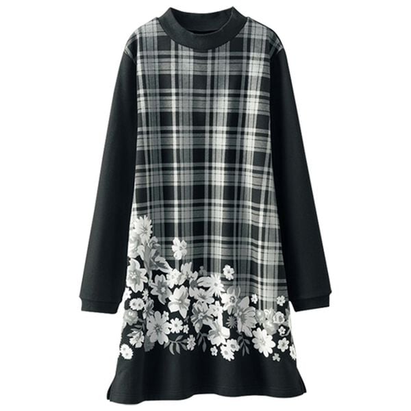 BELLUNA（ベルーナ）の「軽くてあったか裏起毛プリントチュニック（チュニック）」｜黒(チェック花柄)