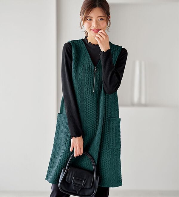 BELLUNA（ベルーナ）の「【フリル衿リブプルオーバー付】ジップ使いジャンパースカート（ジャンパースカート）」｜詳細画像