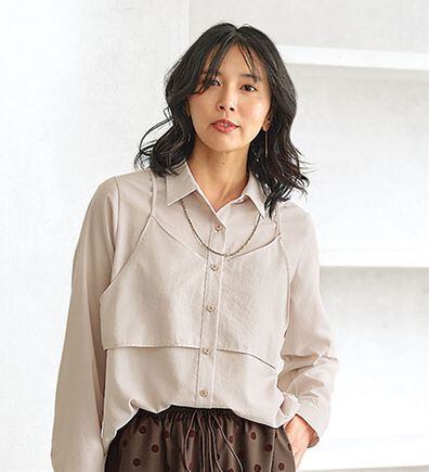 BELLUNA（ベルーナ）の「ビンテージ調素材レイヤード風チュニック（シャツ）」