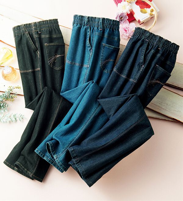 ルフラン（ルフラン）の「【３本組】配色ステッチ柔らか楽デニム（フルレングスパンツ）」｜詳細画像