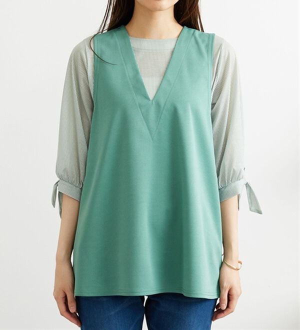 BELLUNA（ベルーナ）の「【2点セット】ストライプシャツ&times;ベストアンサンブル（アンサンブル）」｜詳細画像