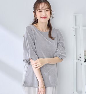 alotta（アロッタ）の「さらっと軽い綿混ストライプ袖タックプルオーバー（ブラウス）」｜ネイビー系