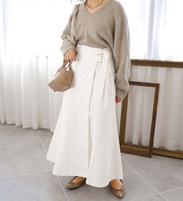 フレアーラップスカート●ホワイト 手洗い可能》ラップライクフレアスカート⁄ blanc(ルクール