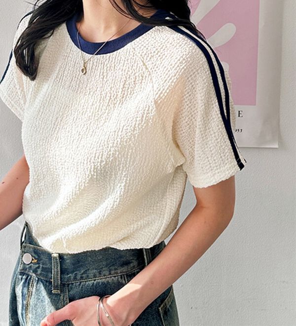 GeeRA（ジーラ）の「ふくれジャガード袖ラインＴシャツ（カットソー）」｜詳細画像