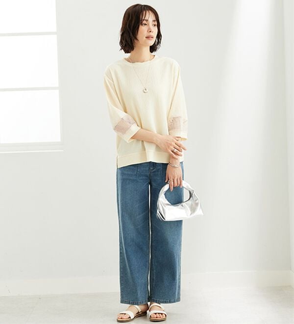 BELLUNA（ベルーナ）の「ジャカード素材袖メッシュレースプルオーバー（カットソー）」｜詳細画像