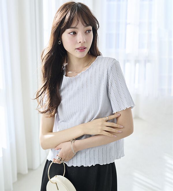 RANAN（ラナン）の「透かし柄メロー配色Ｔシャツ（カットソー）」｜詳細画像