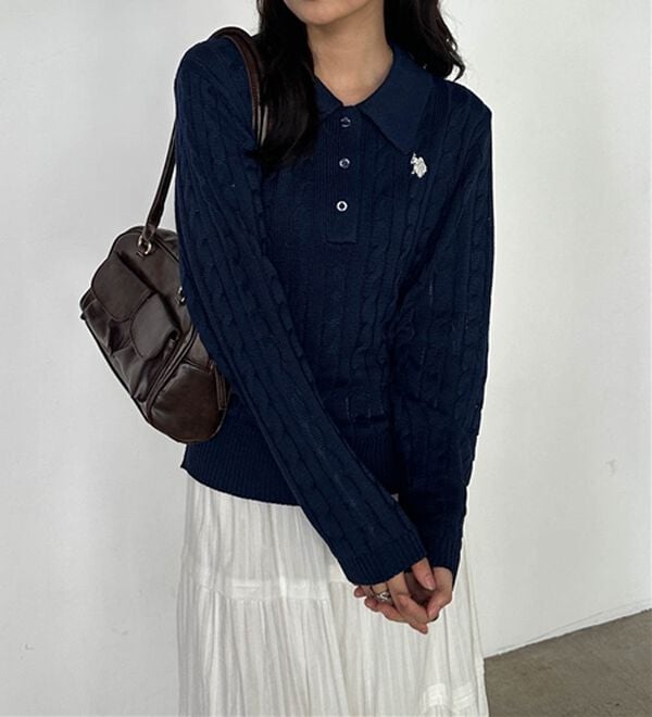 RANAN（ラナン）の「＜Ｕ．Ｓ．Ｐ＞刺繍長袖ケーブルポロニット（ニット・セーター）」｜詳細画像