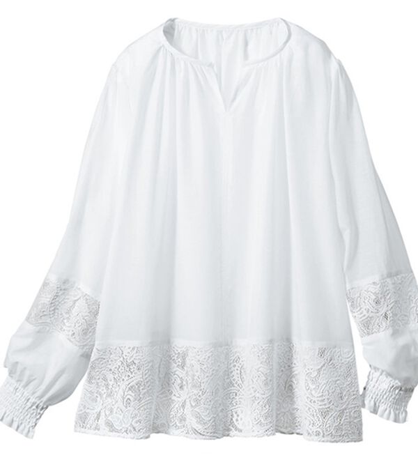 VINNO（ヴィノ）の「綿シルク・レース切替シアーブラウス（ブラウス）」｜オフホワイト