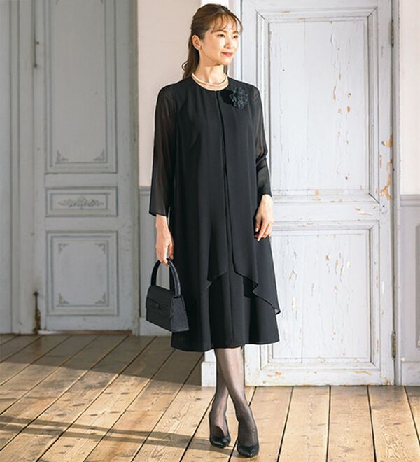 ルフラン（ルフラン）の「アイロンいらず重ね着風ワンピース（ブラックフォーマル（喪服・礼服））」｜詳細画像