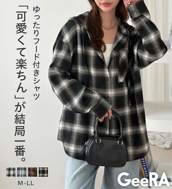 GeeRA（ジーラ）の「フード付きオーバーサイズチェックシャツ（シャツ）」｜詳細画像