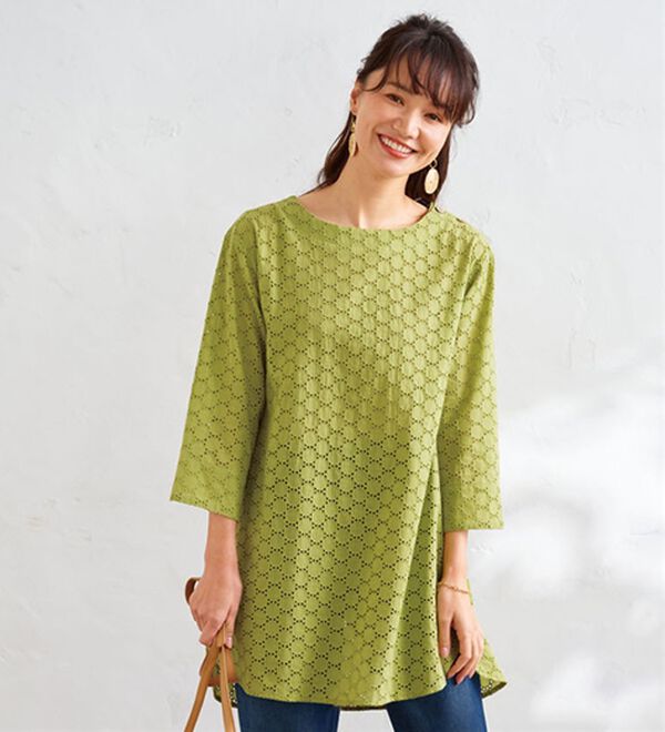 BELLUNA（ベルーナ）の「綿１００％サークルレース素材チュニック（チュニック）」｜ライム