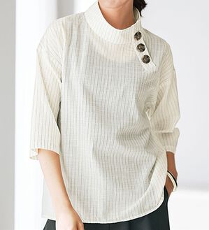 BELLUNA（ベルーナ）の「先染めストライプボタン使いハイネックブラウス（ブラウス）」｜詳細画像