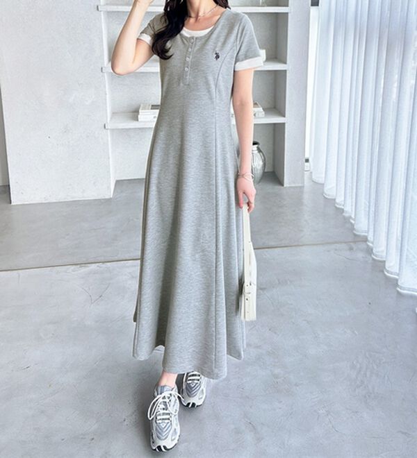 GeeRA（ジーラ）の「【ＵＳ．ＰＯＬＯ．ＡＳＳＮ】レイヤード風ヘンリーネック半袖ワンピース（カットソーワンピース）」｜詳細画像