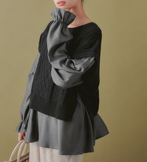 Viola e Viola（ヴィオラ エ ヴィオラ）の「１枚で重ね着が楽しめる！レイヤード風ケーブル編みニットトップス（ニット・セーター）」｜ブラック系