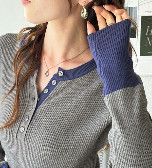 GeeRA（ジーラ）の「レイヤード風ヘンリーネックリブニットトップス（ニット・セーター）」｜詳細画像