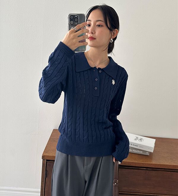 RANAN（ラナン）の「＜Ｕ．Ｓ．Ｐ＞刺繍長袖ケーブルポロニット（ニット・セーター）」｜詳細画像