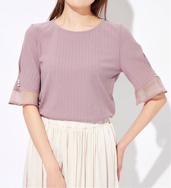 alotta（アロッタ）の「パール調ボタン付テレコリブトップス（カットソー）」｜詳細画像