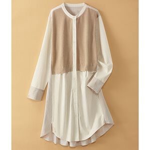 BELLUNA（ベルーナ）の「ニット使いストライプ切替重ね着風シャツ（チュニック）」｜ベージュ系