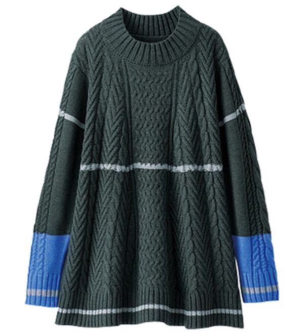 BELLUNA（ベルーナ）の「配色使いケーブル柄フレアーチュニック（チュニック）」｜杢チャコール系