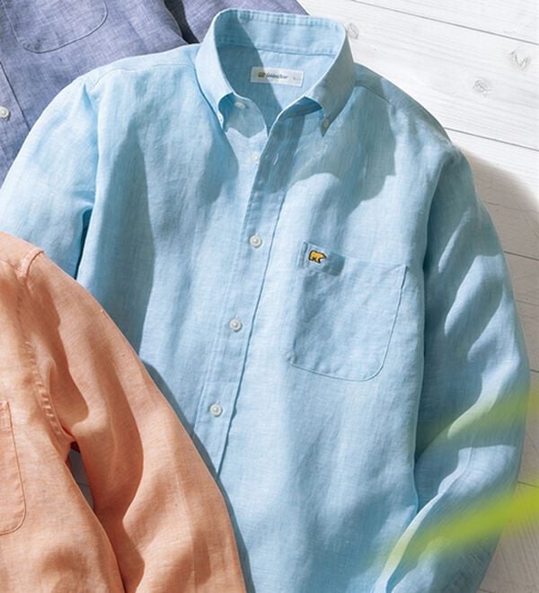 「＜ゴールデンベア＞フレンチリネン１００％イージーケアシャツ（メンズシャツ）」｜サックス