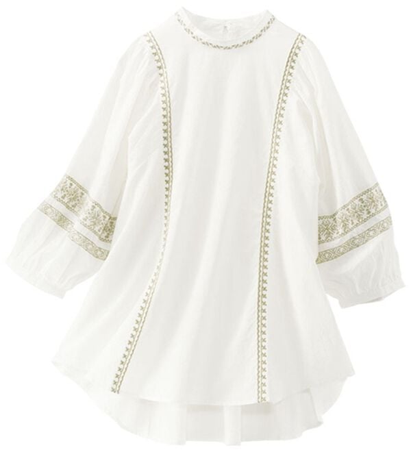 BELLUNA（ベルーナ）の「綿１００％インド刺しゅうハイネックブラウス（ブラウス）」｜オフホワイト