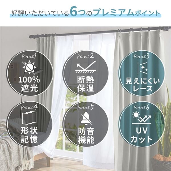 iellio（イエリオ）の「【寝室におすすめ】１００％遮光＆防音＆断熱保温ＵＶ見えにくいレース付カーテンセット＜４枚組・遮光１級・無地・洗える・形状記（ドレープカーテン）」｜詳細画像