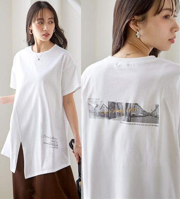 RANAN（ラナン）の「【ひんやり】ロゴプリントチュニックTシャツ（Tシャツ）」｜オフホワイト(フォト)