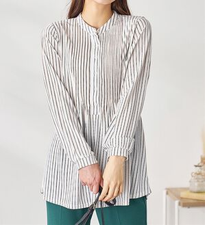 BELLUNA（ベルーナ）の「シワが目立ちにくい！ピンタック使いシャツチュニック（チュニック）」｜オフ白系ストライプ