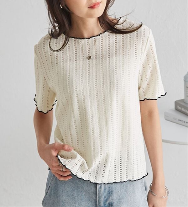 RANAN（ラナン）の「インせず着られる！透かし柄メロー配色Ｔシャツ（カットソー）」｜詳細画像