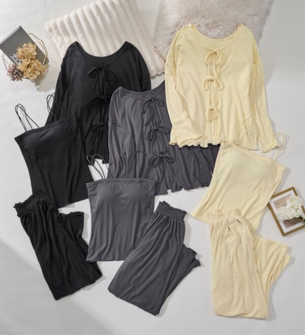 YU'NOW（ユナウ）の「＜リボンカーデ&times;ロングパンツ＞ぷるるん谷間のルームウエア３点セット（パジャマ・ルームウェア）」｜詳細画像