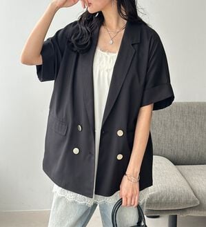 GeeRA（ジーラ）の「リネン調半袖ダブルジャケット（テーラードジャケット）」｜ブラック