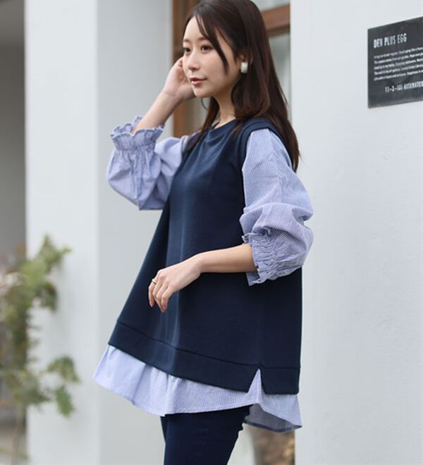 A HAPPY MARILYN（アハッピーマリリン）の「【Ｌ～６Ｌ】華奢魅せ&times;お洒落さっと着てパッと可愛い１枚で完成ドッキングトップス（カットソー）」｜詳細画像