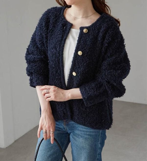 RANAN（ラナン）の「ゴールド調ボタンループ編みニットジャケット（ニットカーディガン）」｜詳細画像