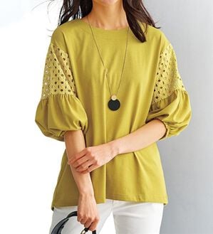 BELLUNA（ベルーナ）の「ボリューム袖レース切替プルオーバー（カットソー）」｜イエロー