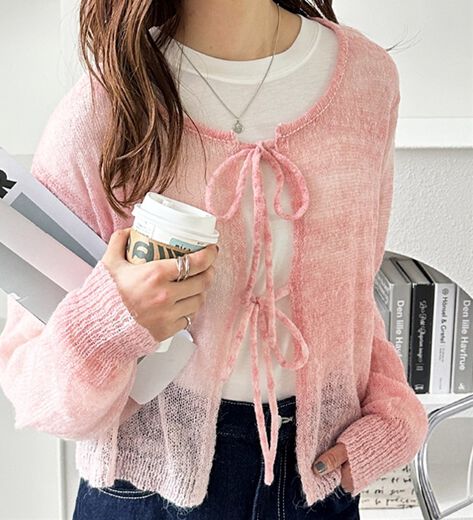 Rene*ルネ ロング サマーニットカーディガン ピンク リボン 36 Rene 