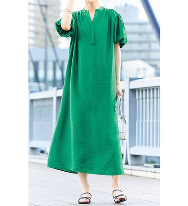 VINNO（ヴィノ）の「ボリューム袖麻調スキッパーワンピース（その他ワンピース）」｜グリーン