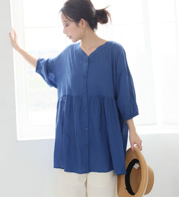 A HAPPY MARILYN（アハッピーマリリン）の「【Ｌ～６Ｌ】【風通るプレミアム】綿・楊柳、七分袖ウエストギャザーブラウス。（ブラウス）」｜詳細画像