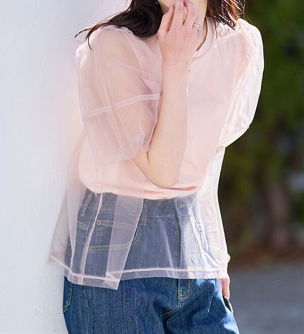 RANAN（ラナン）の「【ひんやり】チュールレイヤードパフスリーブTシャツ（カットソー）」｜詳細画像
