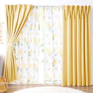 iellio（イエリオ）の「お買得カーテンセット（柄レース）＜４枚組・洗える・３級遮光・新生活・一人暮らし・引っ越し・模様替え・リーフ柄・ミモザ柄＞（ドレープカーテン）」