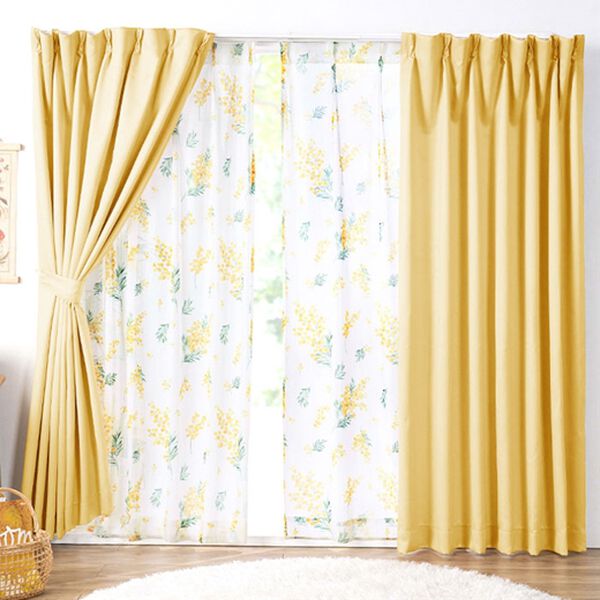 iellio（イエリオ）の「お買得カーテンセット（柄レース）＜４枚組・洗える・３級遮光・新生活・一人暮らし・引っ越し・模様替え・リーフ柄・ミモザ柄＞（ドレープカーテン）」｜ミモザイエロー(ミモザレース)