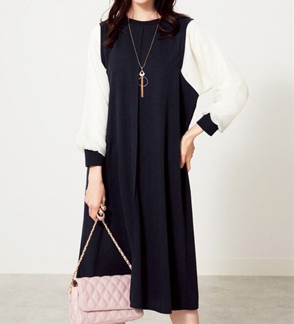 BELLUNA（ベルーナ）の「シアー袖デザインワンピース（その他ワンピース）」｜ネイビー系