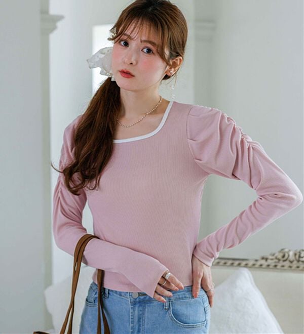 alotta（アロッタ）の「【Corie】配色パワショルリブトップス（カットソー）」｜詳細画像