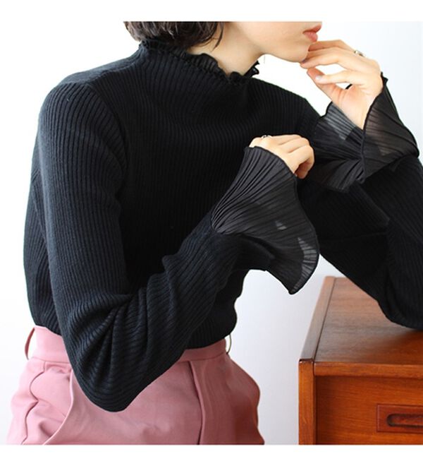 GeeRA（ジーラ）の「プリーツ付ハイネックリブニットトップス（ニット・セーター）」｜詳細画像